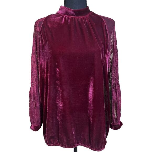 JOHN MARK Womens Top Burgandy Red Velvet Lace Sleeve Whimsical Goth Size Small - Picture 1 of 12